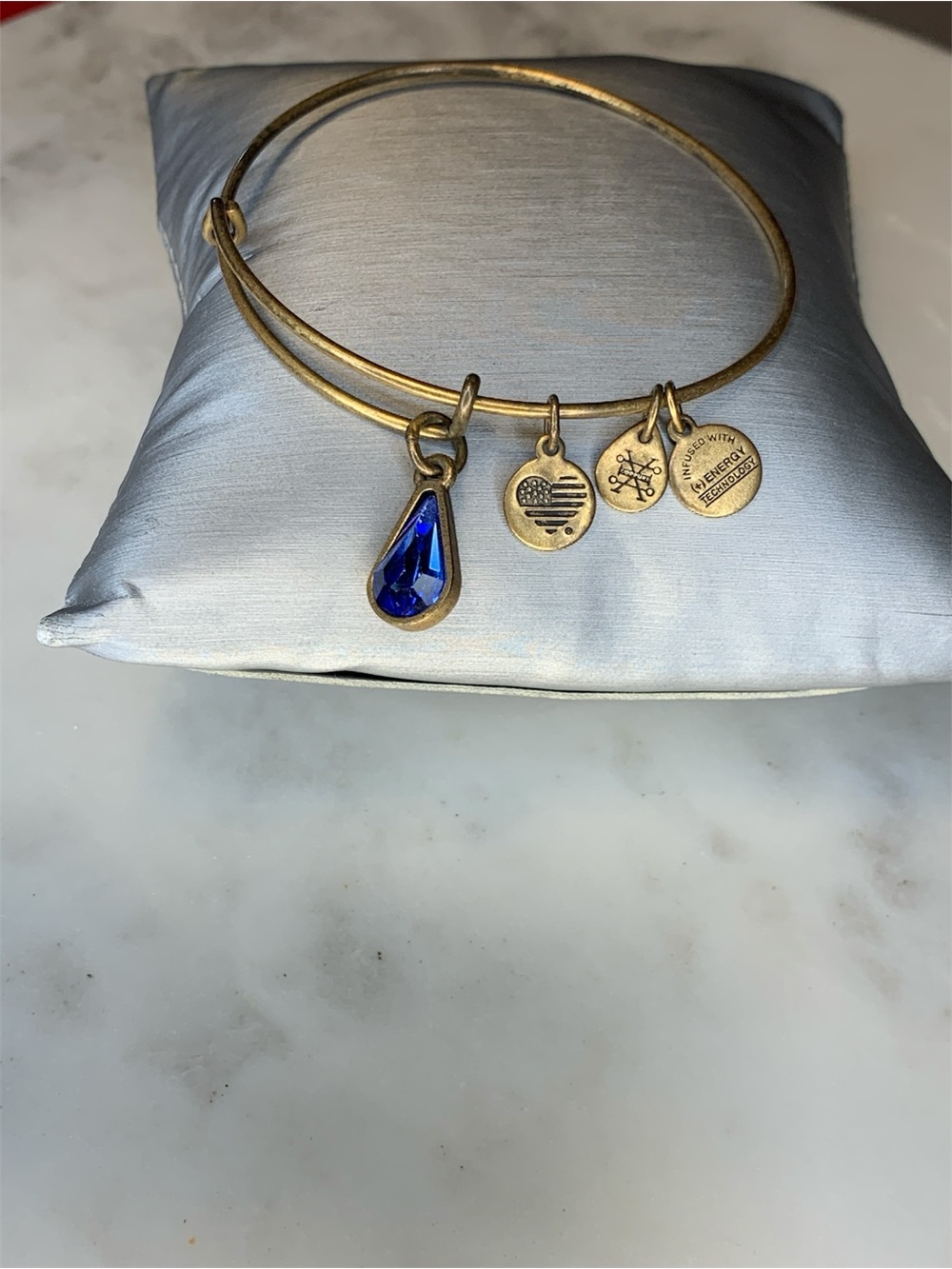 Alex and Ani Gold-Tone Bangle with Royal Blue Teardrop Charm